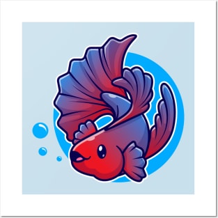 Cute Betta Fish Swimming Cartoon Posters and Art